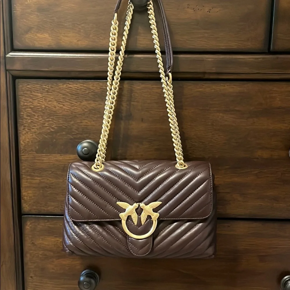 Pinko Quilted Chevron Brown and Gold Shoulder Bag - Picture 5 of 6